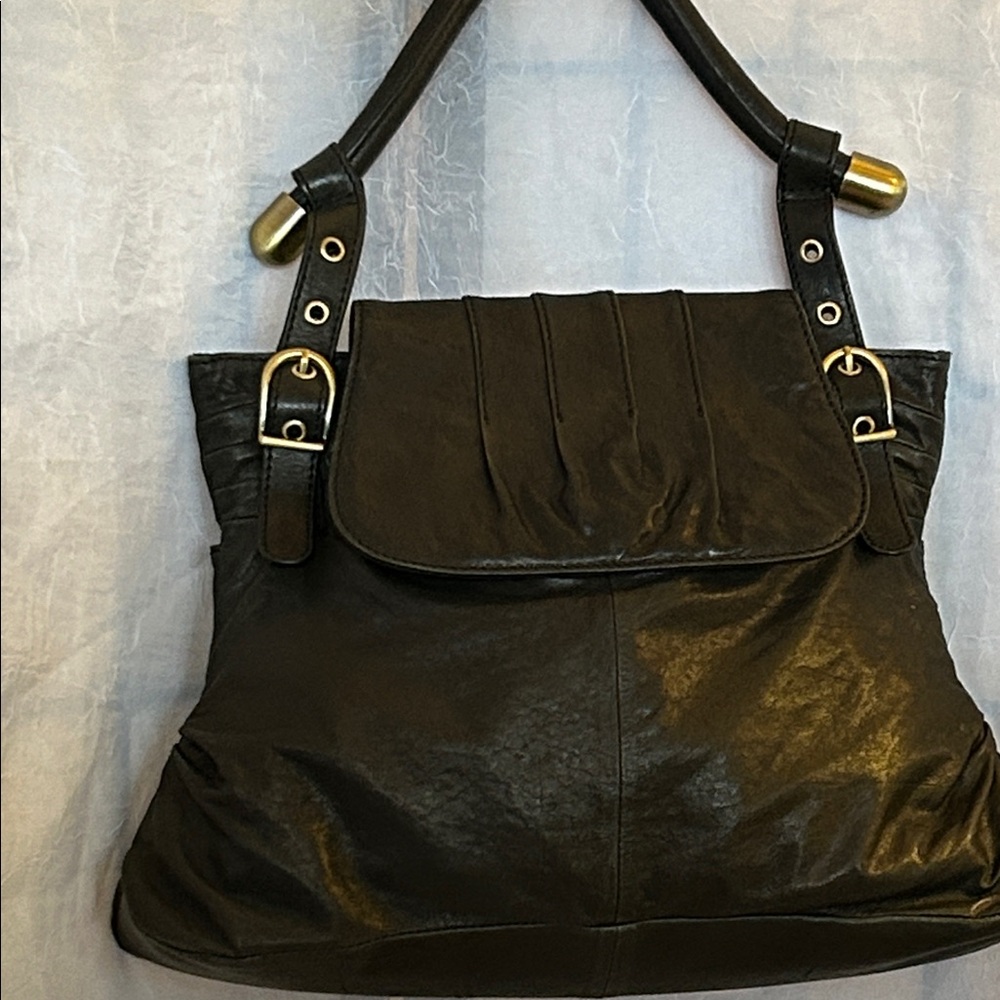 Vintage Black Italian Leather Shoulder Bag with Gold-Tone Hardware